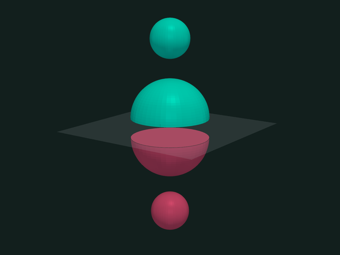 Above (teal) and below (rose): the straddler cut into capped halves, each floater whole on its side
